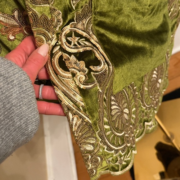 Lenni Whiskey Medium Duster Green Velvet Gold Sequin Embroidered Free People - Picture 6 of 12